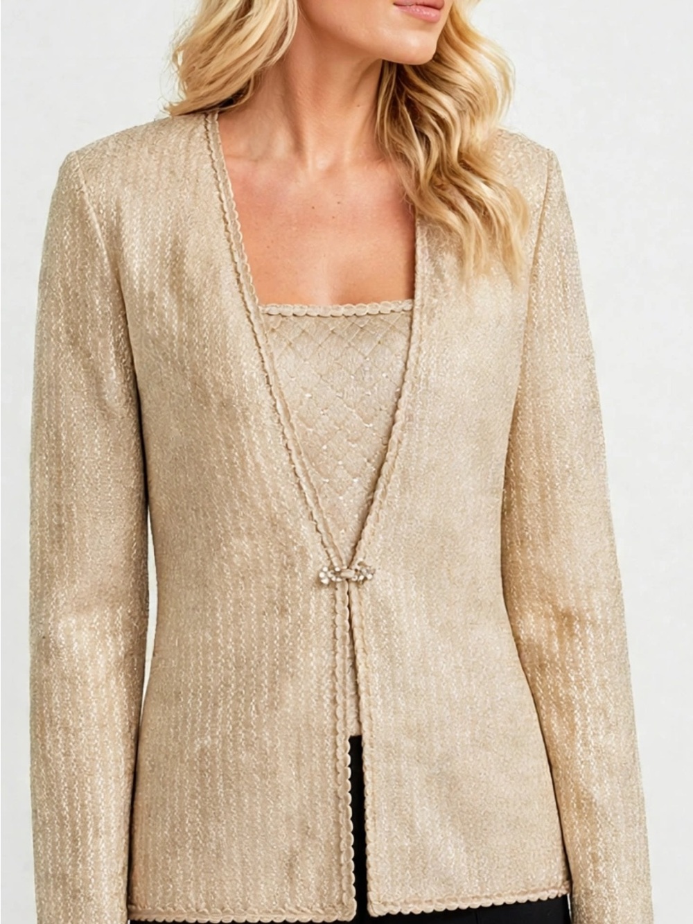 New St John Champagne Beige Gold Knit Jacket w detachable panel Size 2-6 S